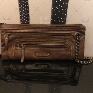 Brown wristlet clutch